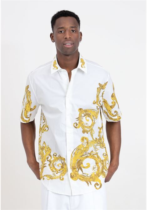 Camicia da uomo bianca con stampa watercolor baroque in oro VERSACE JEANS COUTURE | 76GAL222NS452G03